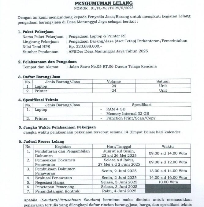 Lelang Pengadaan Laptop Dan Printer BKKD RT