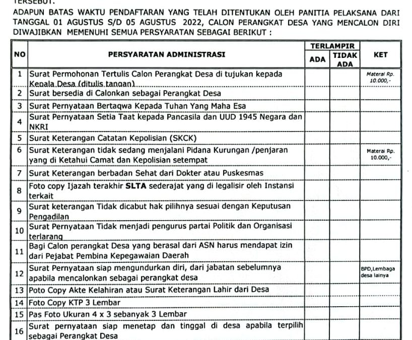 Telah dibuka penjaringan perangkat desa Manunggal Jaya