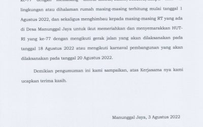 Himbauan untuk warga desa Manunggal Jaya agar memasang umbul-umbul/baliho/bendera/lampu hias dalam rangka HUT-RI yang ke-77